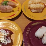 Sushiro - 天然ぶりごま醤油　えび天にぎり　かつおガーリックマヨ　大つぶ貝