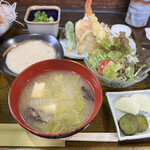 Kamiyama - 味噌汁、天麩羅、トロロ、サラダ