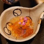 銀座 しのはら - イクラ、雲丹、北寄貝、赤貝、独活に煮凝りを掛けて