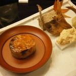 割烹 喜作 - 24年12月　前菜　北海道産鮟肝タレ焼き、マナガツオ骨煎餅、豆腐味噌漬けと長芋、姫クワイ揚げ