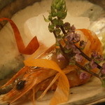 割烹 喜作 - 24年12月　お造り　九州産熟成アラ、鹿児島産車海老の油通し