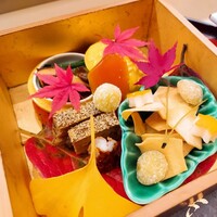 赤坂 菊乃井 - ⚫【八寸】
                    ①鮟肝
                    ②壬生菜　茸③クワイ煎餅④唐墨⑤粉吹銀杏⑥紅葉烏賊
                    ⑦鴨の肝の松風⑧松葉素麺
                    ⑨花海老味噌焼き