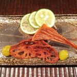 京天神 野口 - ●押し寿司、カマス、ばちこ、蓮根チップ