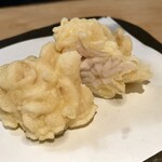 161626567 - 季節の天ぷら盛合せ：ししゃも、白子、野菜（蓮根、南瓜、万願寺唐辛子）