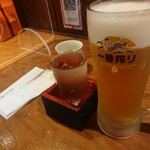 横浜西口 居酒屋さがみ - 乾杯。生ビール、日本酒（日出盛）