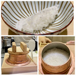 Ginza Yuina - お米は山形県産、合鴨農法で作られた〝つや姫〟。
                        釜で炊き立てを少し最初に、香りが良いです。
                        米粒が大きくしっかりとして粘りは弱く、口での拡がる感じがとても心地良いです。
                        ほのかな甘みが感じられます。