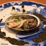 千陽 - 活鮑の薄造り 肝ソース
