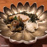 千陽 - 活鮑の薄造りと肝と舎利玉