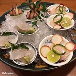 千陽 - 松皮鰈､姫鱒､帆立貝柱の造り