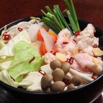 Former sumo wrestler's Motsu-nabe (Offal hotpot) lots of ingredients