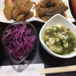 ポップコーン - 小鉢〜紫キャベツの酢の物？、山芋と海草和え物