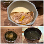 Nodoguro Ryouriasai - ◆茶碗蒸し・・のどぐろの切り身が一枚盛られています。少し薄味。 ◆あかもく酢・・酢が強くなく食べやすい。 ◆のり汁・・のりがタップリ。