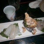 炉ばたひょうたん - イカ、ツブ、タンタカ（マツカワガレイ）お酒は福司の純米酒