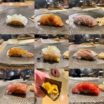 すし屋 蓮太郎 - 季節のイカ、赤貝、真鯛
            車海老、白えび、かます
            金目鯛、うに、漬けマグロ