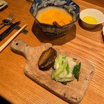 やまぐち - 蝦夷鮑のステーキと九条ネギのリゾット　カラスミ