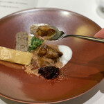 Takumi - ・フランス産フォアグラのポワレ ・クレソンと豚肉のパテ ミルフィーユ仕立て ・栗のピューレと牛乳の泡 ・プルーンの赤ワイン煮