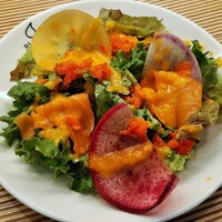 ビストロカラト - 無農薬リーフにスモークサーモンとパプリカのドレッシング、烏賊とベーコンのポテトサラダ