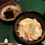 日本料理 幸庵 - お食事は帆立と湯葉の餡かけご飯。　自家製の昆布煮と野沢菜も美味しい＾＾