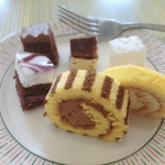 カラフル - 左奥からショコラケーキ、ティラミス、チーズフロマージュ、塩レモンロールケーキ、チョコバナナロールケーキ、ブルーベリーケーキ