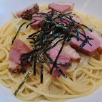 オレンジシャリマティ - 鴨と長ネギのスパゲッティ　しょうゆ味　　　　　　　　　　　　サラダも一緒に撮ったのに保存されておらず