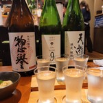 h asakanihonshubarumaikake - 日本酒 本日の飲み比べ3種(690円)