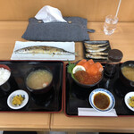 Nijou Kani Ichiba Marudai Suisan - サーモンいくらハーフ丼、ごはん・お味噌汁・お漬物セット、さんま塩焼き、ししゃも