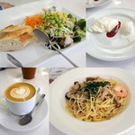 フィアットカフェ - ランチのパスタセット。サラダ＆パンは2人分。