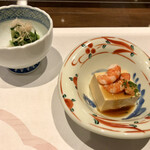 Ooshima Chinju - 先付けは河豚と水菜のお浸しとあん肝豆腐