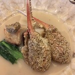 魚菜料理 縄屋 - 蟹爪の蕎麦粉揚げ焼・海老芋〜白味噌仕立て