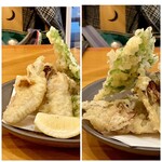 明月庵 ぎんざ 田中屋 - 牡蠣の天ぷら角度を変えて
牡蠣の他には春菊と舞茸の天ぷらです。