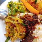 Spring Revolution Restaurant - 牛肉から揚げ（辛い） 厚揚げのサラダ（辛い） インゲン豆炒めだよ