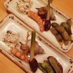 和食 おくざわ - しめじと車海老白和え、白バイ貝、丹波の黒豆