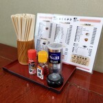 田沢食堂 - テーブルの上(一番手前が呼びボタンネ)