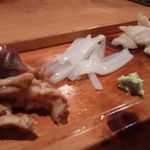 春寿司 - ある日のおまかせ三種。ホッキの炙り、ヤリイカ、本ミル貝