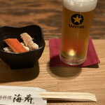 函館海鮮料理 海寿 - お通しのズワイガニと食べログクーポンのビール