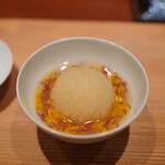 Narayamachi Ao - Shrimp Paste and Kiku Turnip in Soft-Shelled Turtle Consommé with Chrysanthemum Flowers