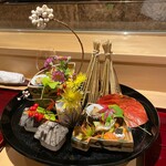 銀座 しのはら - 八寸～海老となます、雲丹と胡麻豆腐、なます酢、青味大根の味噌漬け、数の子のフライ、北寄貝の西京焼き、サワークリームと海老芋にキャビア、スモークサーモンの黄身鮨巻き、本モロコ