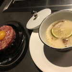 北海道焼肉 北うし - びえい和牛ユッケと松茸茶碗蒸し