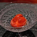 蒼 - 北海道雉子谷さんより「赤万願寺のピュレ」　奇跡のスぺシャリテ。万願寺の香りに、濃厚なプルーンのような甘み。一時間かけてチビチビ舐めていたい。美味しすぎる。