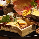 銀座 しのはら - 八寸：海老芋唐揚げ、ゆば、うずら肉、枝豆、玉子、蛸、蝦夷アワビ