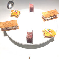 オマージュ - ✽アミューズ◎パルメザンチーズのアイスクリーム、ゆかり香るクッキーにシュマック　◎ 唐墨…サブレ生地にバターとラディッシュのアクセント　◎ 鴨のフォアグラ…燻製蝶鮫のリエット、いぶりがっこ、鴨の生ハム