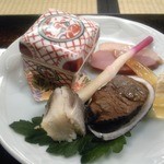 Kaiseki Matsuya - 前菜、とらふぐ煮こごり・床節、合鴨