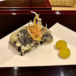 天ぷら たけうち - 車海老 胸部 天草の海苔 新銀杏