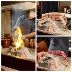 たでの葉 - ご主人が囲炉裏の炭火の火力を見ながら、食材の刺す場所をこまめに変えじっくりと火入れしています。
      時にはタレを付け、炭火に近づけ炎で一気に仕上げをされてます。