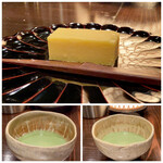 たでの葉 - 芋羊羹にご主人がたてたお薄
      連れと器が違います、一つ一つ手作り風です。