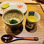 日本橋 蕎ノ字 - ☆蕎麦の実と浜名湖産の舞阪生海苔。
      ☆アサリの昆布出汁。