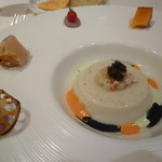 zoe's - 前菜その２：紫芋ペーストの上に蓮根、ホタテ、マイクロトマト、南瓜