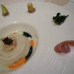 zoe's - 前菜その２：紫芋ペーストの上にミニキャベツ、ヤングコーン、春菊、茗荷のピクルス