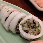 松乃寿司 - 名物のてっぽう寿司（1500円程）軽くゆでたジンドーイカに中トロなど５種類の食材、シャリを混ぜて詰めた駿河湾の海の幸♬