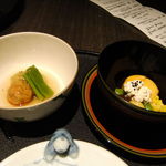 登別温泉郷 滝乃家 - 合　肴　柿白和え　椎茸　栗　スナップえんどう
      冷煮物　愛別産米茄子　みたらし真丈　いんげん